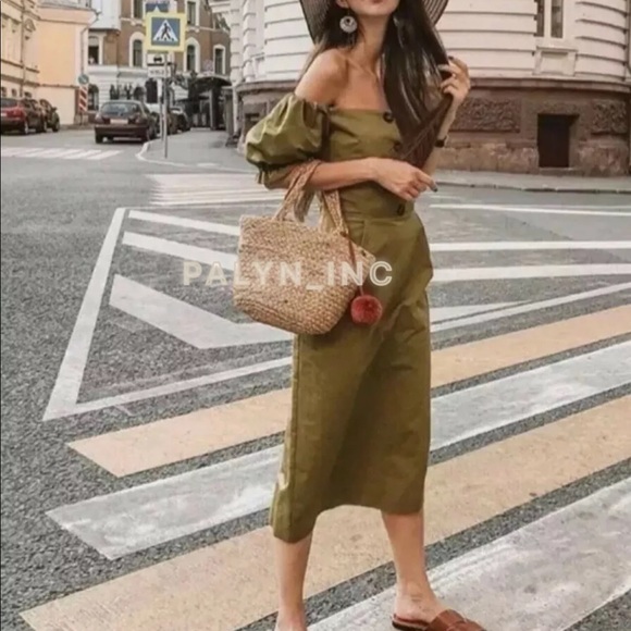 ❤️NWT ZARA KHAKI OFF-THE-SHOULDER MIDI DRESS - Picture 10 of 14